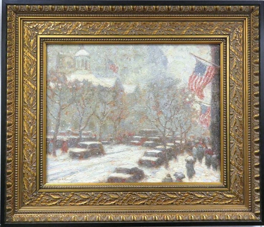 Leading the sale at $24,375 was this 1994 painting by contemporary artist Laurence Campbell. “Chestnut Street” featured a snowy Philadelphia street scene.