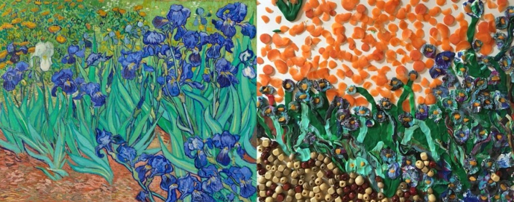 “Irises,” 1889, Vincent Van Gogh. Oil on canvas, 29¼ by 37-  inches. The J. Paul Getty Museum. Recreation via Twitter DM by Cara Jo O’Connell and family using Play Doh, carrot slices and wooden beads.