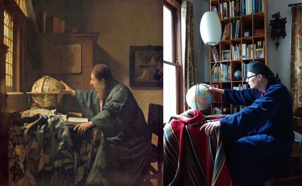 “The Astronomer,” 1668, Johannes Vermeer. Oil on canvas, 19.6 by 17.7 inches. Musée du Louvre, Paris. Image: Wikimedia Commons. Recreation on Twitter and via Facebook DM by Ann Zumhagen-Krause and her husband with tray table, blanket and globe.