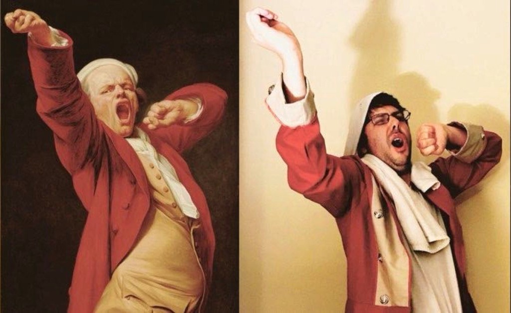 “Self-Portrait, Yawning,” by Joseph Ducreux. 1783. Oil on canvas, 46-  by 35¾ inches. The J. Paul Getty Museum. Recreation on Instagram by Paul Morris with British redcoat and twisty towel.