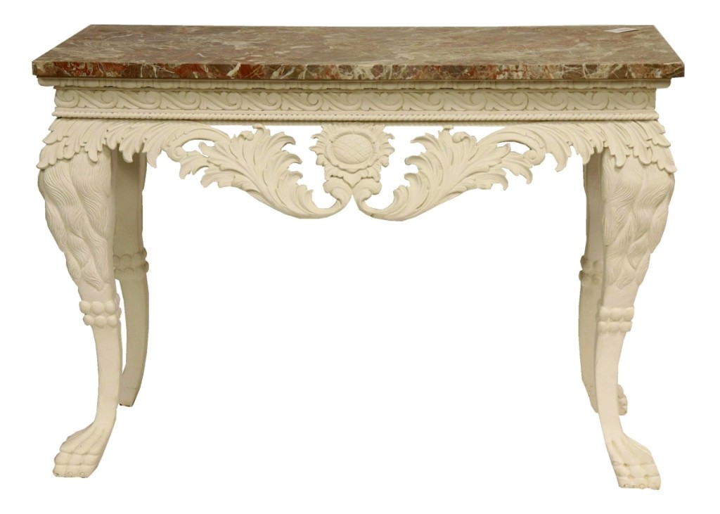 The top lot in Litchfield’s April auction was this Irish-style white painted and marble top console table from the estate of Edward Bazinet. It sold for $11,700 ($600/800).