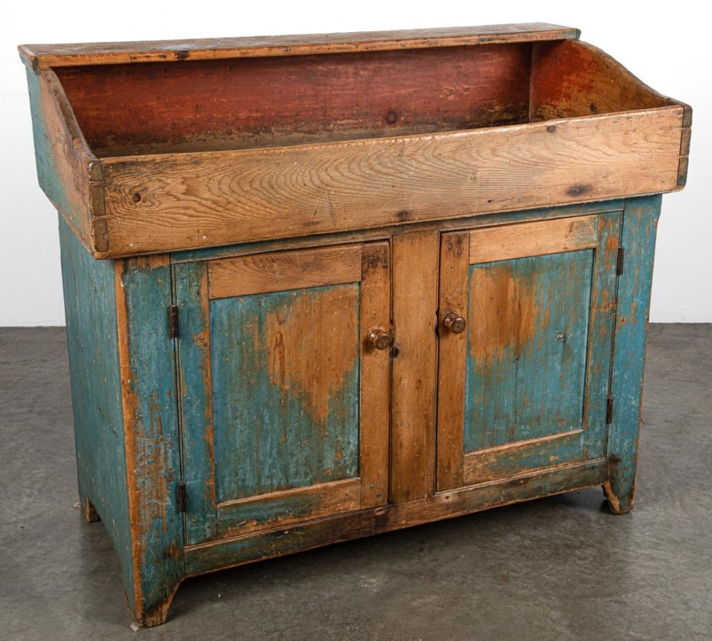 Original old blue paint was the draw for this Nineteenth Century pine drysink, which sold to a trade buyer for $5,625 ($400/700).