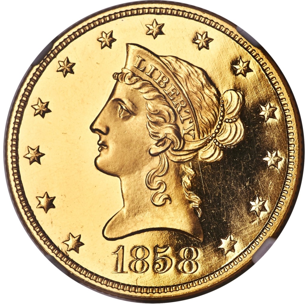 Taking top lot honors was a historic 1858 Proof Liberty Eagle gold coin, graded PR64 Ultra Cameo by NGC. It sold for $480,000.