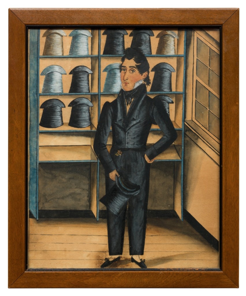 Portrait of Hatter John Mays of Schaefferstown by Jacob Maentel, circa 1830. Watercolor, gouache, ink and pencil on paper, frame 18 by 15 inches. The Huntington Library, Art Museum, and Botanical Gardens. Gift of Jonathan and Karin Fielding. Photography © 2014 Fredrik Nilsen.