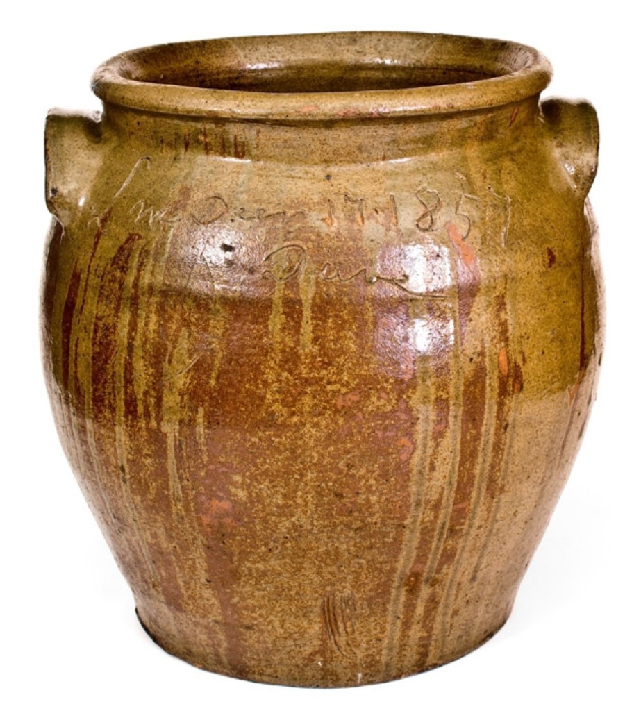Setting an artist auction record for Dave was a 16-inch-high 8-gallon stoneware jar that sold for $216,000. The alkaline-glazed jug features the inscription “Lm / Decr 17. 1857 / Dave.” It broke the previous auction record for Dave set by Brunk Auctions three months ago in a February sale with a similar size jar. The two works were produced three months apart in 1857. Interest in Dave is skyrocketing as African American art and objects are seeing accelerated interest from institutions looking to diversify their collections and tell a more rounded story of American material history. Collectors are following suit, and not just antique, pottery or Americana collectors. Art collectors claimed the top three Edgefield works in the sale. The jar also set records for the highest price paid for any work by an African American potter, for South Carolina pottery, for Edgefield pottery and for alkaline-glazed pottery.