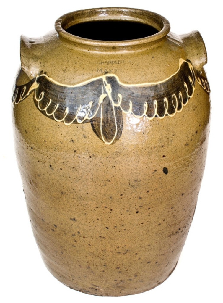 Illustrated in Brothers in Clay (Burrison, 2008) was this Thomas Chandler 7-gallon jar with the potter’s signature drape and tassel motif. It was 18½ inches tall and sold for $20,400.