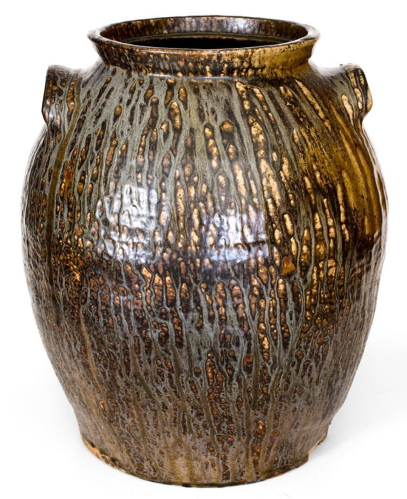 Bidders fell for the “paint rock” glaze on this Crawford County, Ga., 8-gallon stoneware jar that took $14,400. The auction house said it was produced during the early period of stoneware production in Crawford County. The work was illustrated on the back cover of Brothers in Clay (Burrison, 2008).