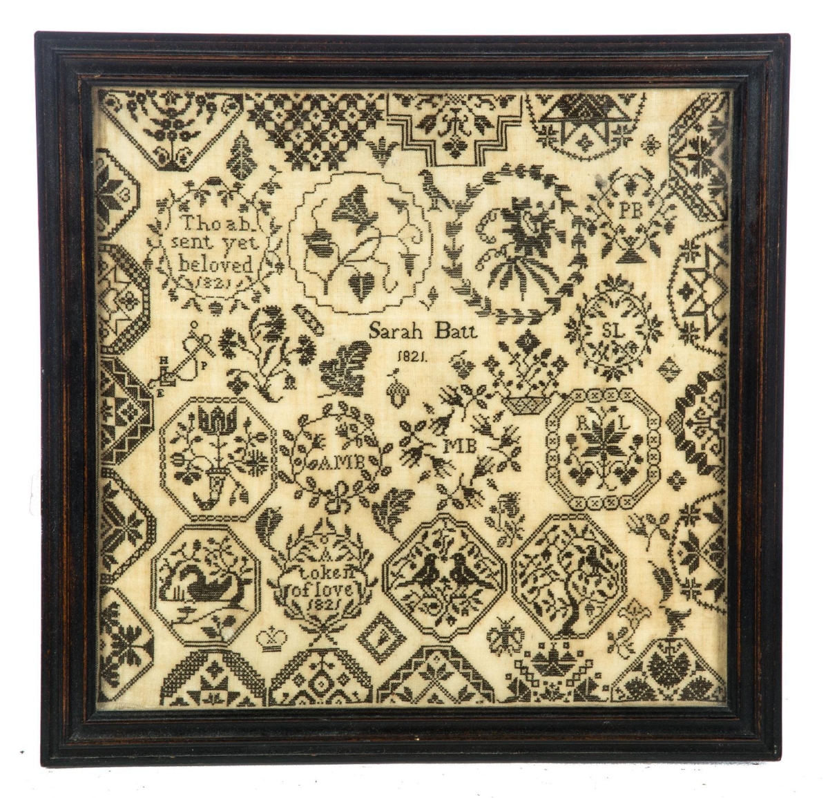 “I thought this would do well but I didn’t think it would do that well,” Jeffers said of this framed motif sampler by Sarah Batt that sold for $4,063, the highest price in the sale. An American trade buyer acquired the English piece, which was dated 1821, worked in black petit point stitching on linen and featured medallions with flowers, birds, geometric patterns, verses and an anchor ($250/450).