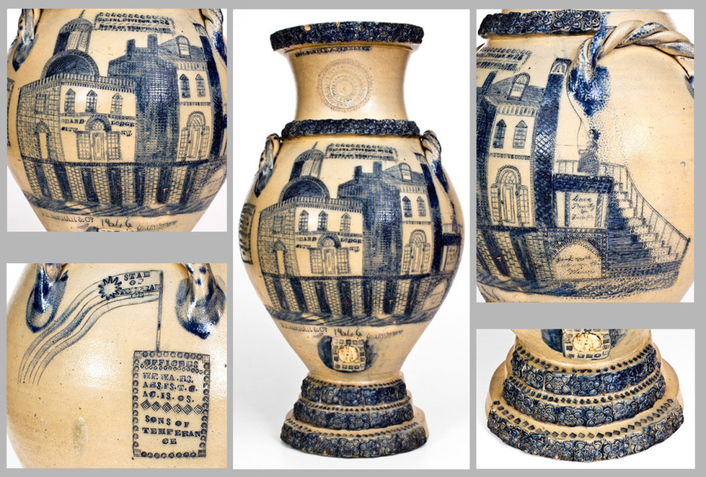 The W.H. Farrar Broadway Water Cooler sold for $480,000 to collector Adam Weitsman in Crocker Farm’s April 6-May 2 sale, the second high- est auction result for American stoneware to date. It missed the record by $3,000. The  piece was a discovery, previously unknown to the market, and had descended  in an old New York state family. Weitsman intends to loan the cooler to the  New York State Museum in Albany so that it may go on public display. He  called it “the finest piece in existence,” noting he had never even heard of another scene remotely close to it in decades of high-level collecting.