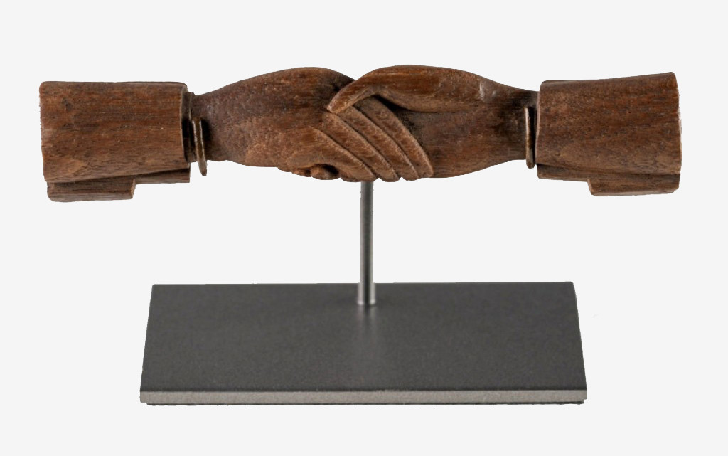 There was no other item in the show that embodied its spirit more than this object sold by Olde Hope Antiques, Inc., New Hope, Penn., and New York City. A carved walnut love token of two clasped hands, 4½ inches long, with carved lettering on the cuffs “Remember me, Truly Thine.”