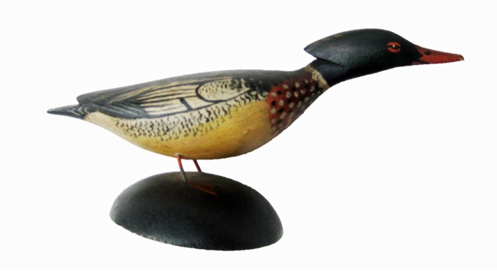 Among sales completed by A Bird in Hand was this circa 1930-50 miniature carved and painted drake merganser by Elmer Crowell (1862-1952) of East Harwich, Mass. It retained its original paint and had Crowell’s impressed rectangular brand on the bottom. Florham Park, N.J.
