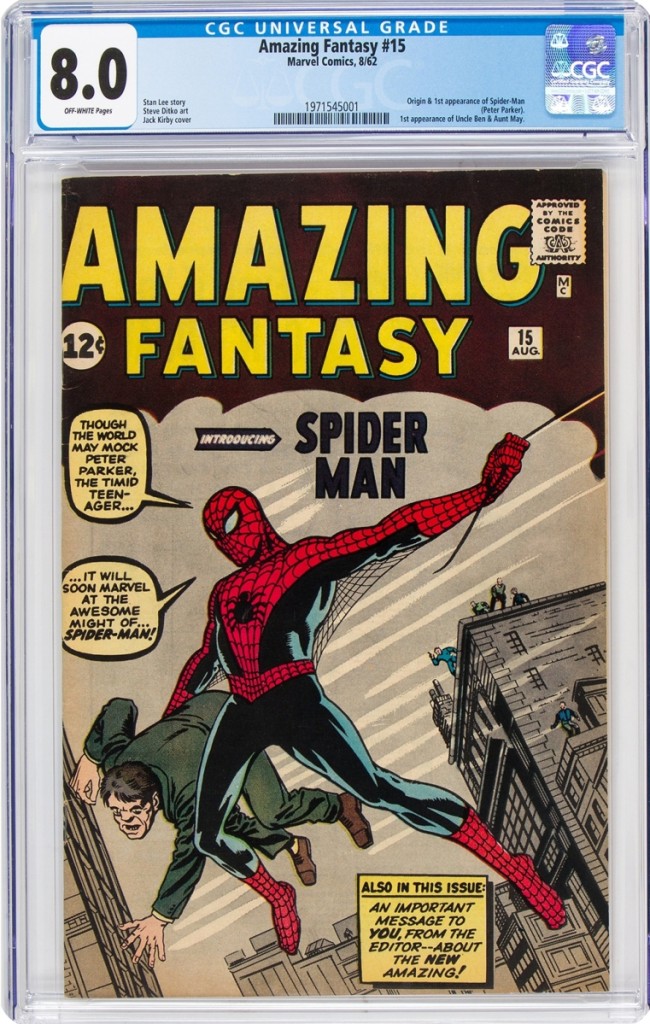 Sixty-seven bidders found this copy of Amazing Fantasy #15 desirable as it sold for $180,000. CGC graded VF 8.0.