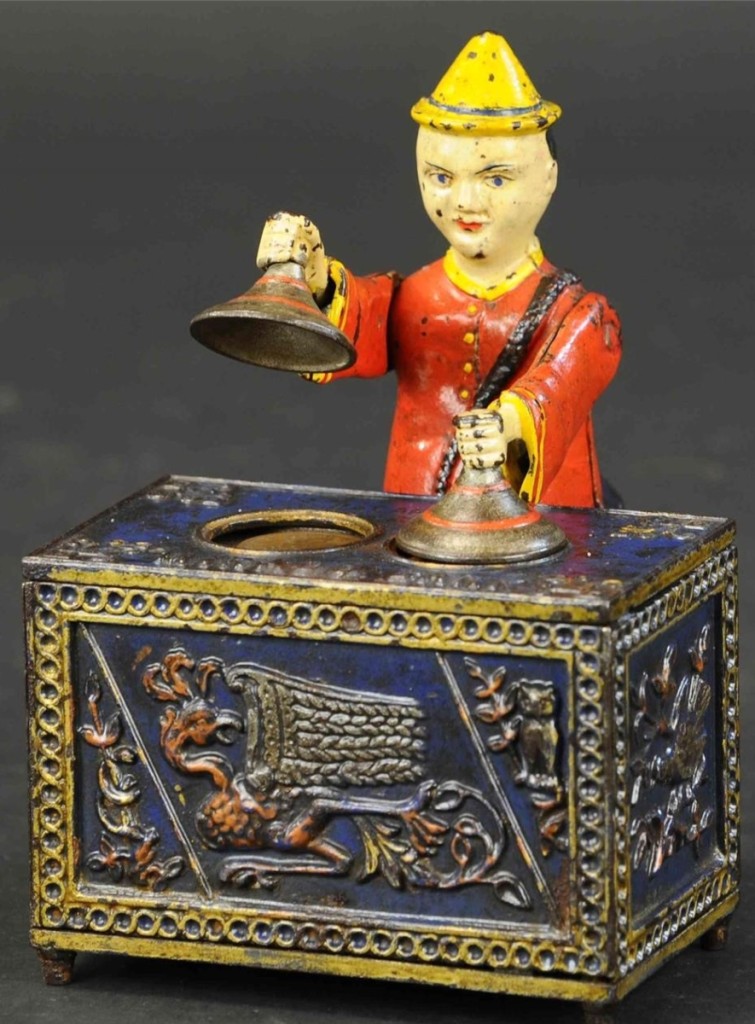 Leading the sale at $45,600 was this Mikado cast iron mechanical bank produced by Kyser & Rex. The bank is in the blue table variant and in nearly all original condition.