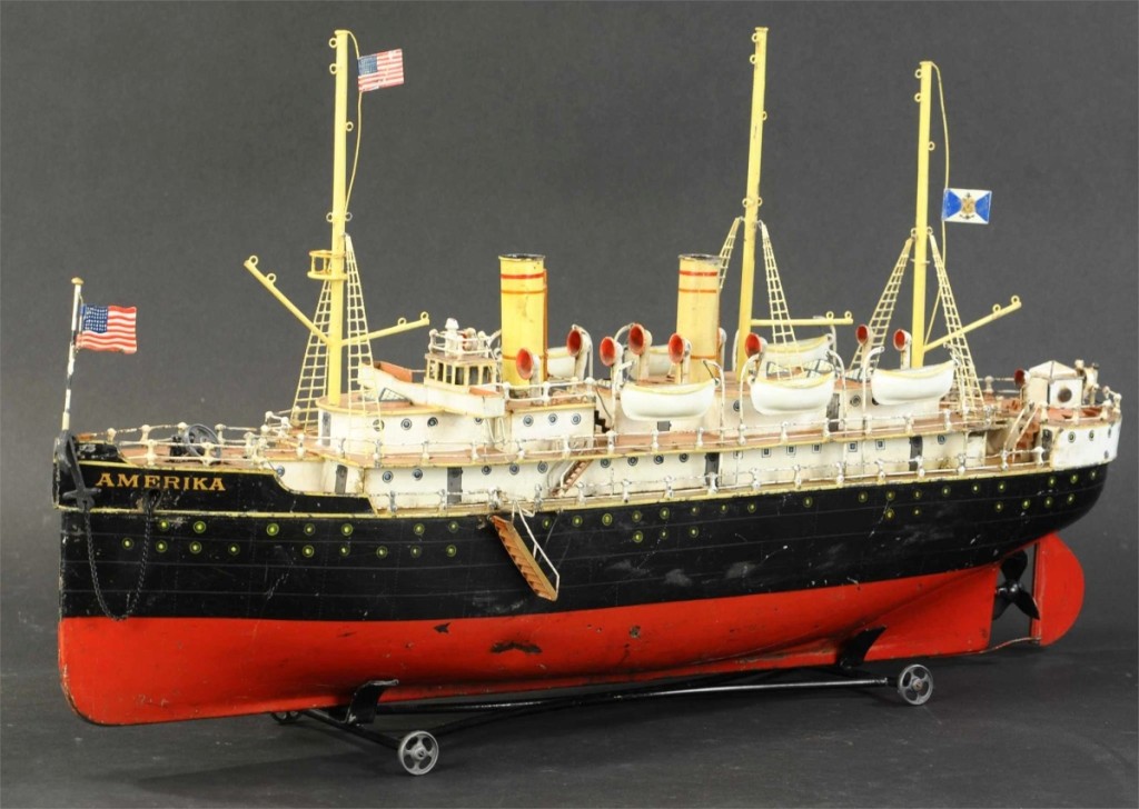 Catching $26,400 was this Marklin live steam Amerika ocean liner, 28 inches long, from the Schaut collection. It had twin funnels, three masts and six life boats.