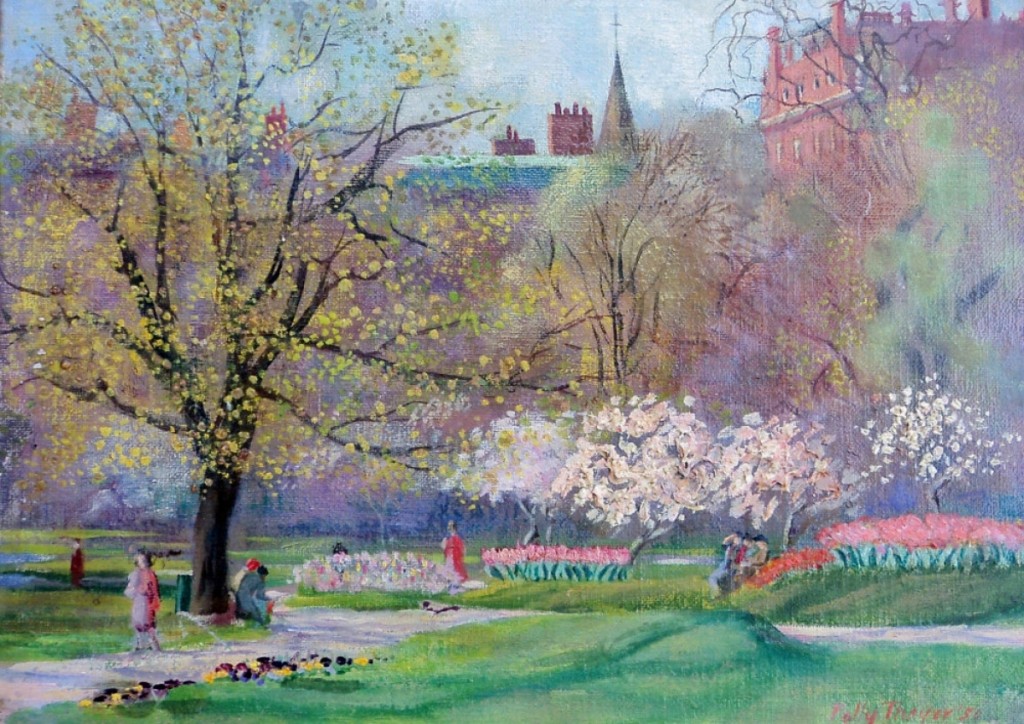 One of the works sold by Donna Kmetz was this painting by J. Polly Thayer Starr (1904-2006) titled “Boston Public Garden,” done in oil on board measuring 9 by 12 inches. David & Donna Kmetz American Paintings, Douglas, Mass.