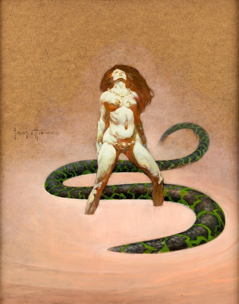 Frank Frazetta’s original cover art for Jane Gaskell’s 1967 paperback edition of The Serpent sold for $300,000, leading the sale. Thirty-two collectors put in bids on it.