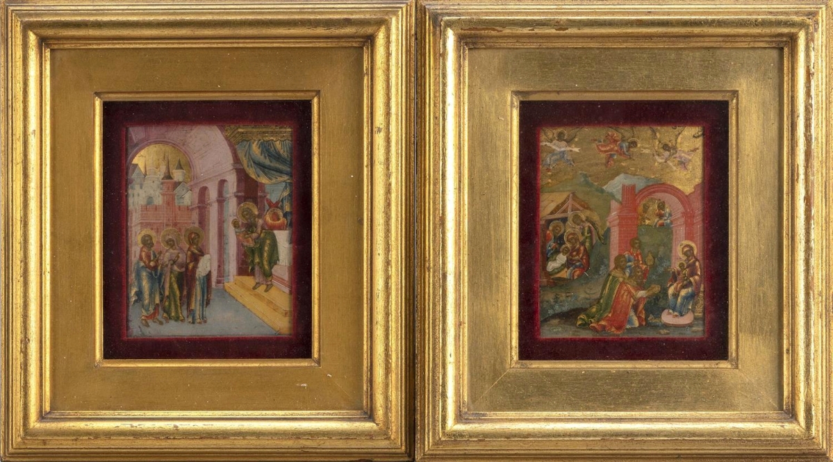 One of the sale’s top lots was this group of Russian Palekh School icons that took $8,610. A letter on the backs of each indicated they came from the Imperial Collection of the Winter Palace, St Petersburg, Russia, and that the artist was K. Ulianoff. They measure 4 by 3½ inches each.
