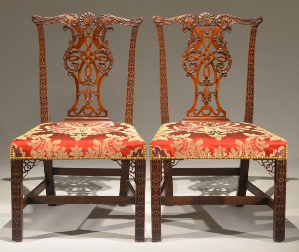 Wells, Maine, dealer R. Jorgensen offered a stunning pair of matched mahogany Chippendale side chairs with carved backs, blind-fretting on the legs with pierced brackets at the corners. They were mid-Eighteenth Century and English. An identical chair from the Earl Howe of Penn House, Amersham Buckinghamshire, U.K., is illustrated in Hinckley’s Metropolitan Furniture of the Georgian Years.