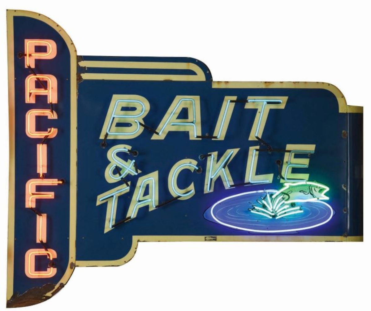 This bright and colorful neon sign advertising Pacific Bait & Tackle with image of fish leaping from water, crate size 76 by 104 by 24 inches, sold for $27,060.