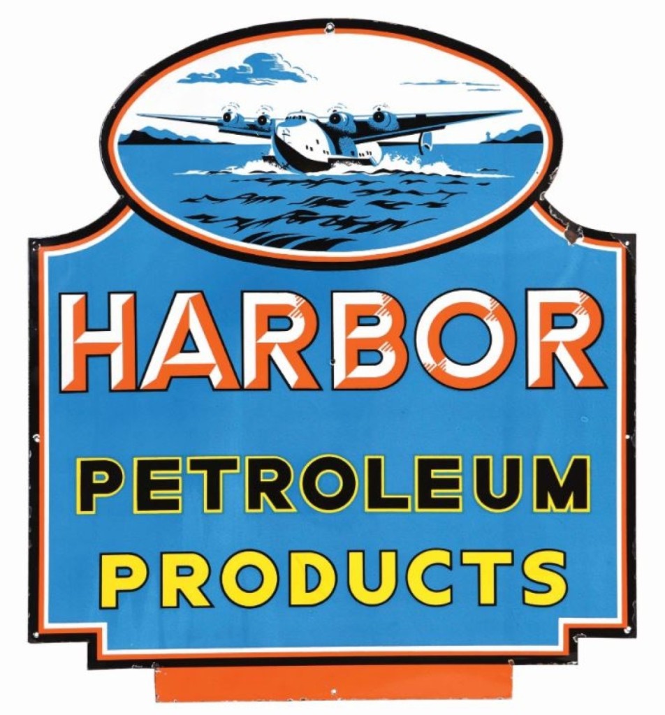The top lot of the sale was a circa 1940s porcelain sign advertising Harbor Petroleum Products, Long Beach, Calif., with Boeing 314 Clipper airplane graphic, in 8.9+ condition, 39 by 35 inches, that sold for $44,000.