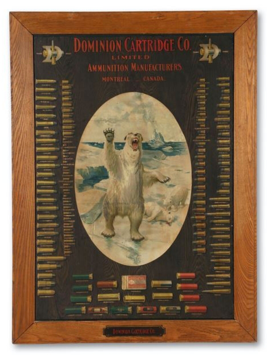 This 1930s board lithograph for Montreal-based Dominion Cartridge Co illustrates the company’s catalog of ammunition. The piece sold for $3,195 and led the sale. The blunt image is a remarkably sad one, with a polar bear parent standing up after its cub was killed and lays motionless in the background. The cub’s sibling bends down to check on it.