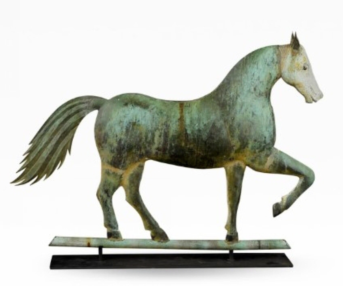 Thistlethwaite Americana found a new home for this mid-Nineteenth Century molded sheet copper and zinc prancing horse weathervane that had at one time been with Pam Boynton. Upperville, Va.