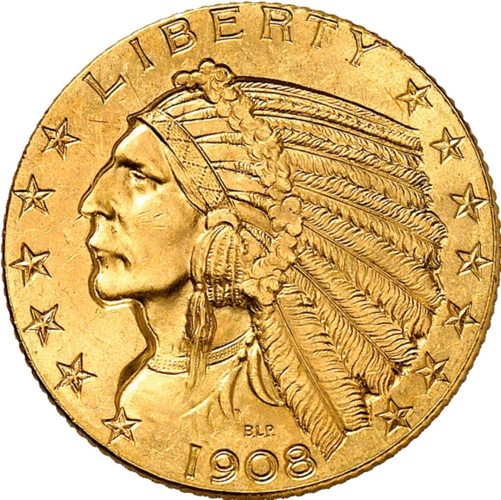 United States, $5 gold coin, Indian Head,   struck from 1908 to 1929.