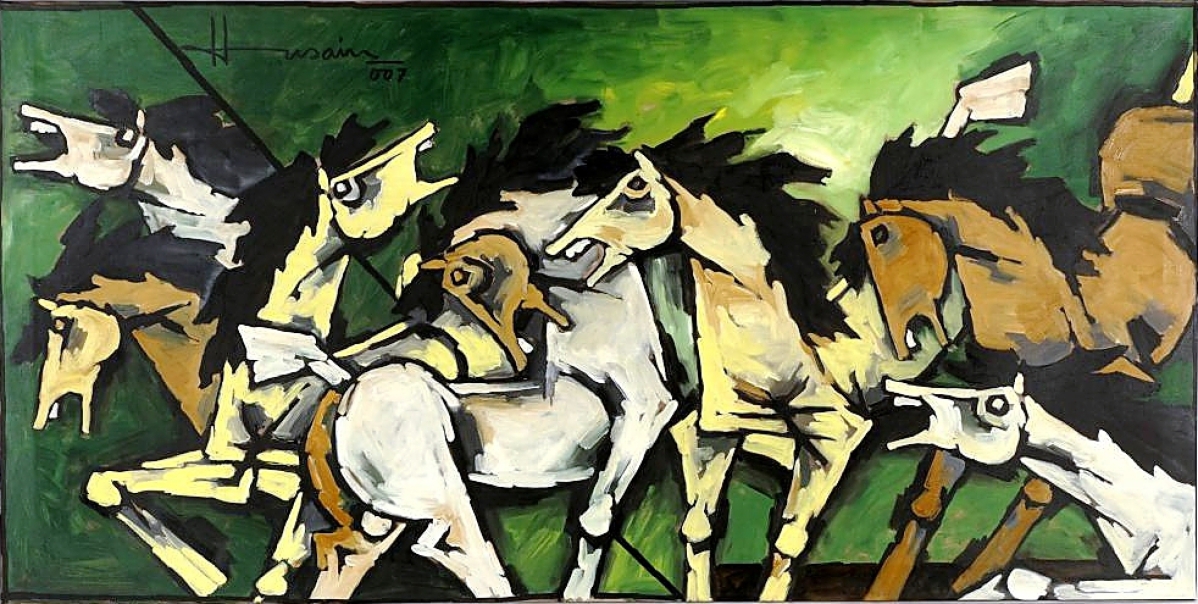 This large painting of horses, done in 2007 by Maqbool Fida Husain (India, 1915-2011), brought $59,000, the top price in the sale. Acquired from the artist by a Scottish collector, it sold to a buyer in the United States ($100/150,000).