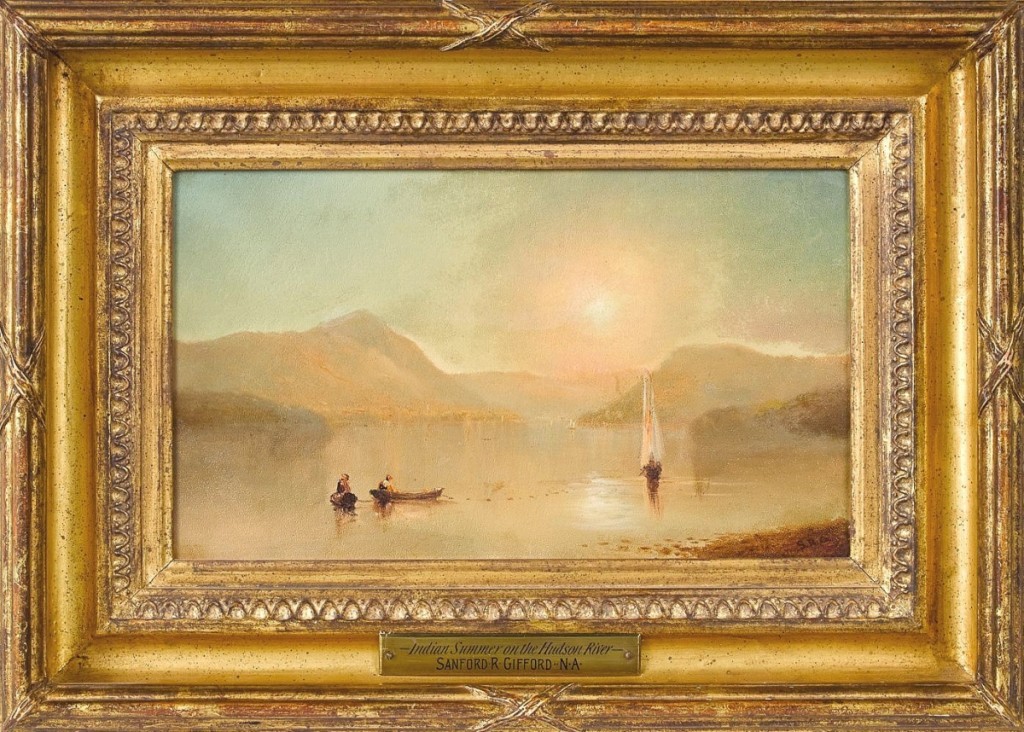 The first lot of the sale was “Indian Summer on the Hudson River” by Sanford Gifford (American, 1823-1880), had diminutive proportions — approximately 7 by 12 inches — and a strong estimate, but it hit the target, bringing $20,740 from a private collector ($20/30,000).