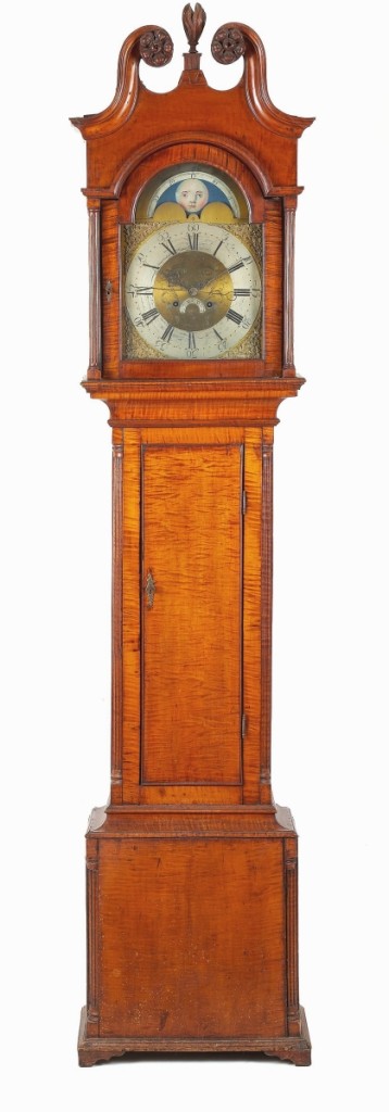 Described by James Pook as “a very nice clock,” this circa 1790 Pennsylvania Chippendale tiger maple tall case clock had a brass dial inscribed “Solomon Parke Newtown, Bucks County.” A private collector from Pennsylvania prevailed against other private collectors to take it for $21,960.