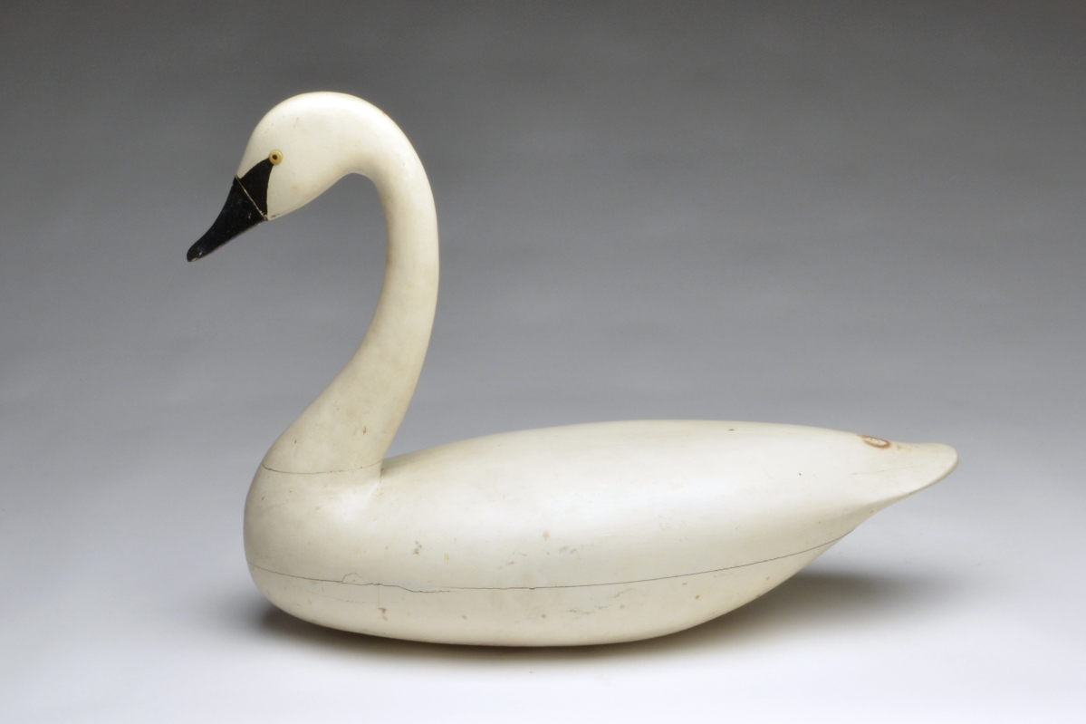 One of just a handful of Charles Birch (1867-1956) swans that come to auction, this hollow carved example led the parade of decoys offered. With a raised neck seat, tack eyes and inserted hardwood bill that was splined through to the back of the head, the 24-inch-long and 19-inch-high bird was bid to $132,000.