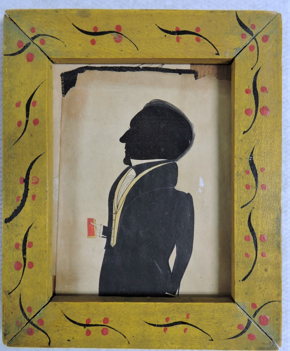 The top lot on day one was this watercolor silhouette portrait of a young gentleman, circa 1830, that sold for $6,500, ten times its high estimate. A surprise bonus was an extra lady silhouette found folded behind the gentleman.