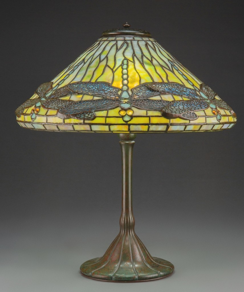 The first lot in the sale finished in second place overall. Topping a sizeable grouping of works by Tiffany was this Tiffany Studios leaded glass and patinated bronze dragonfly table lamp, circa 1910. It was marked on both the shade and base and was won by a private collector for $57,500. Dawes said it was a “beautiful example” from the New York state estate of a “well-informed Tiffany collector.”