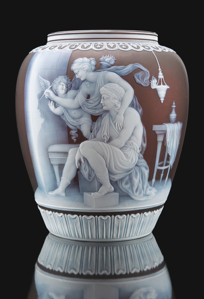Topping the sale was this cameo glass vase made by George Woodall for Thomas Webb & Sons circa 1887 depicting “The Origin of Painting,” which a private collector prevailed to win for $118,750.