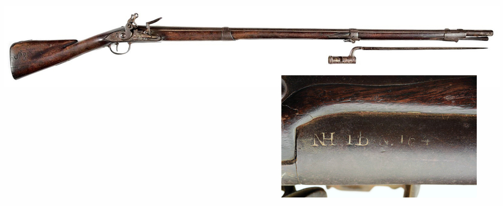 David Geiger said that this French M1763 musket with bayonet, marked to the 1st New Hampshire Battalion, was the only arm professionally marked by the American government during the Revolutionary War. Stamped to the left side near the breech is “NH 1B No. 164,” There were 672 muskets engraved for the New Hampshire Battalion, all numbered in sequence. This one sold for $48,000. 