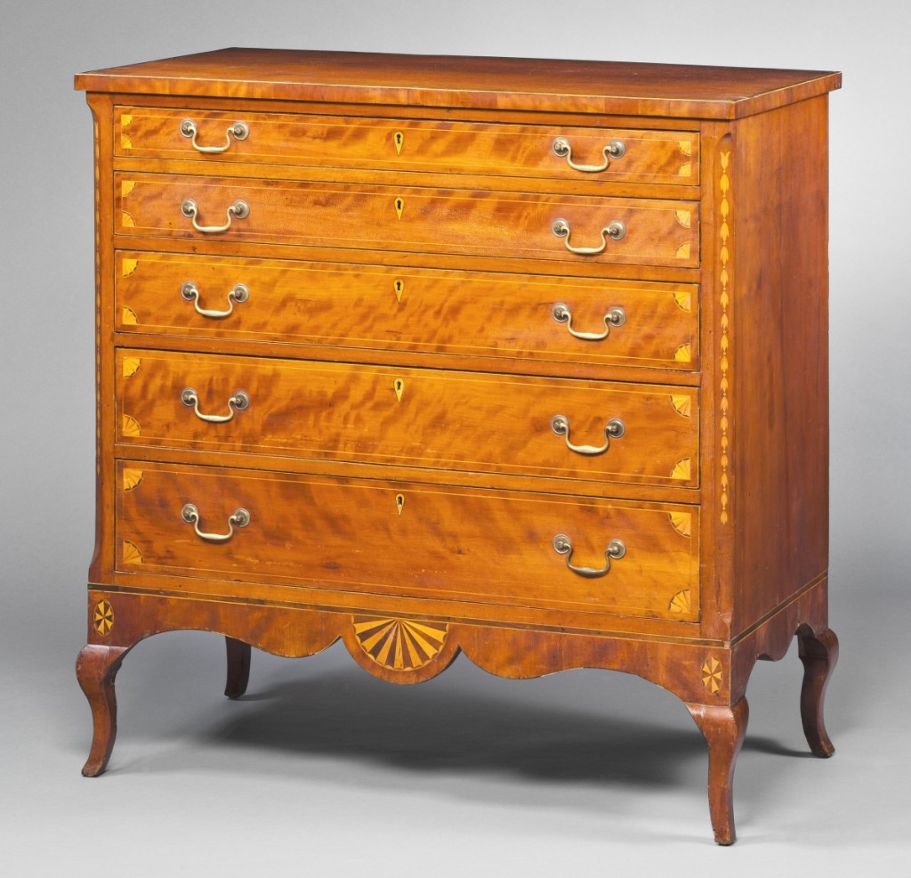 This chest of drawers from the workshop of Gerrard Calvert, Mason County, Ky., stimulated Ackermann’s interest in the material culture of Kentucky and led to his doctoral research on the state. Cherry with light and dark wood inlays, poplar. Museum of Early Southern Decorative Arts at Old Salem Museums and Gardens.