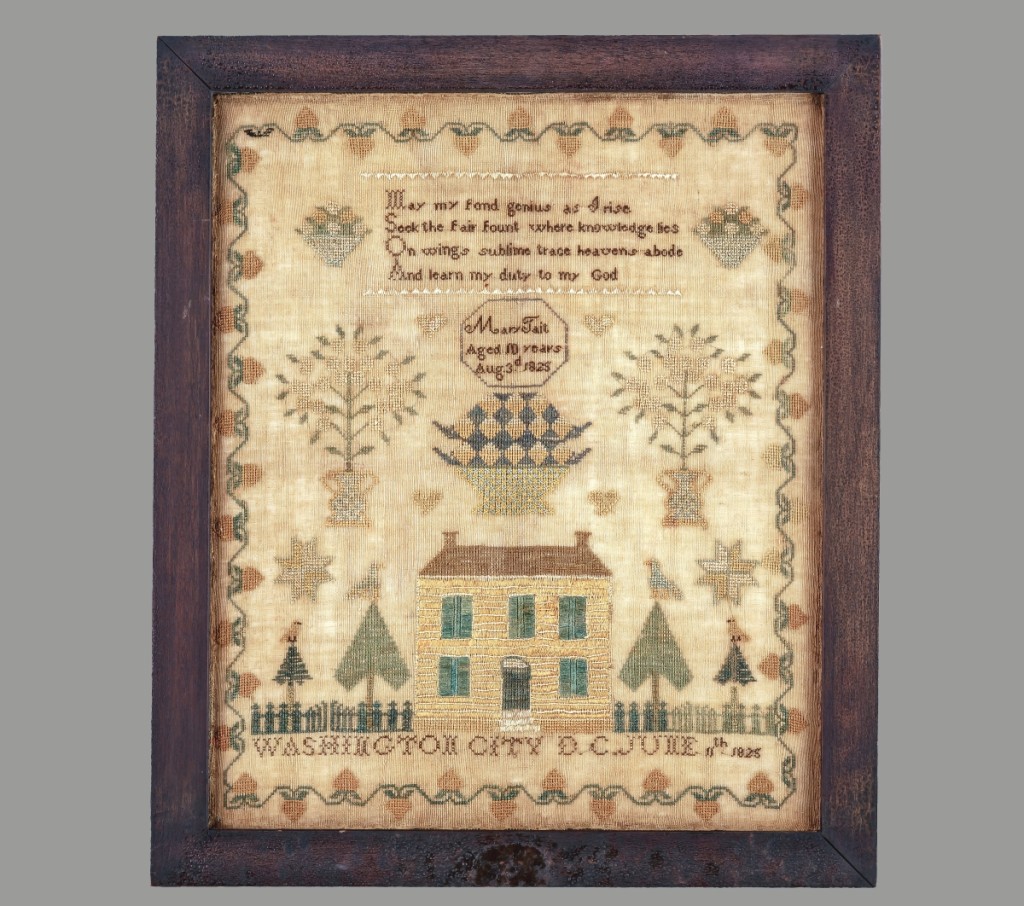 Jenny Garwood, MESDA’s adjunct curator of textiles, will share new research on Mary Tait’s sampler as part of the MESDA Summer Scholars Series. This needlework, recently acquired by MESDA, is pictured on the cover of Gloria Seaman Allen’s book  Columbia’s Daughters. Sampler by Mary Tait, Washington, DC, 1825. Silk on linen. Museum of Early Southern Decorative Arts at Old Salem Museums and Gardens.