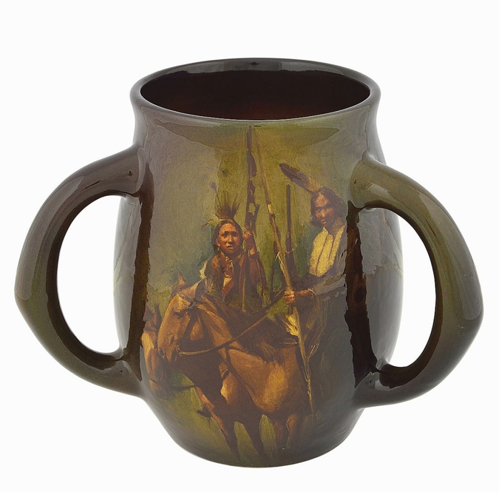 This Rookwood tyg faired the highest of any Native American portrait work in the sale, selling for $20,650. It was painted by Grace Young after a photograph by F.A. Rinehart, 7¾ inches tall. Ex Elizabeth Rudisill collection.
