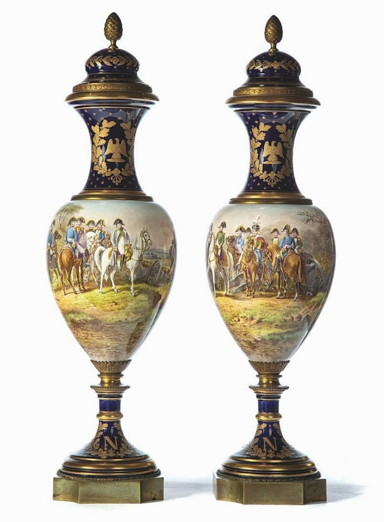 Leading the sale was this pair of late Nineteenth Century Sevres urns, signed by the artist, “H.Desprez,” and marked under the lids “M. Impl de Sevres,” which received 24 bid increments and sold to an online bidder in the United States for $4,687 ($3/5,000).