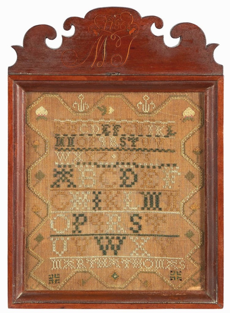 “You are not going to get another chance to get one of these,” James Pook said about the top lot, this Chester County, Penn., sampler wrought in 1775 by Martha Thomas. A private collector on the phone prevailed against bidders in the room and online to take it for $51,240 ($ ,000).