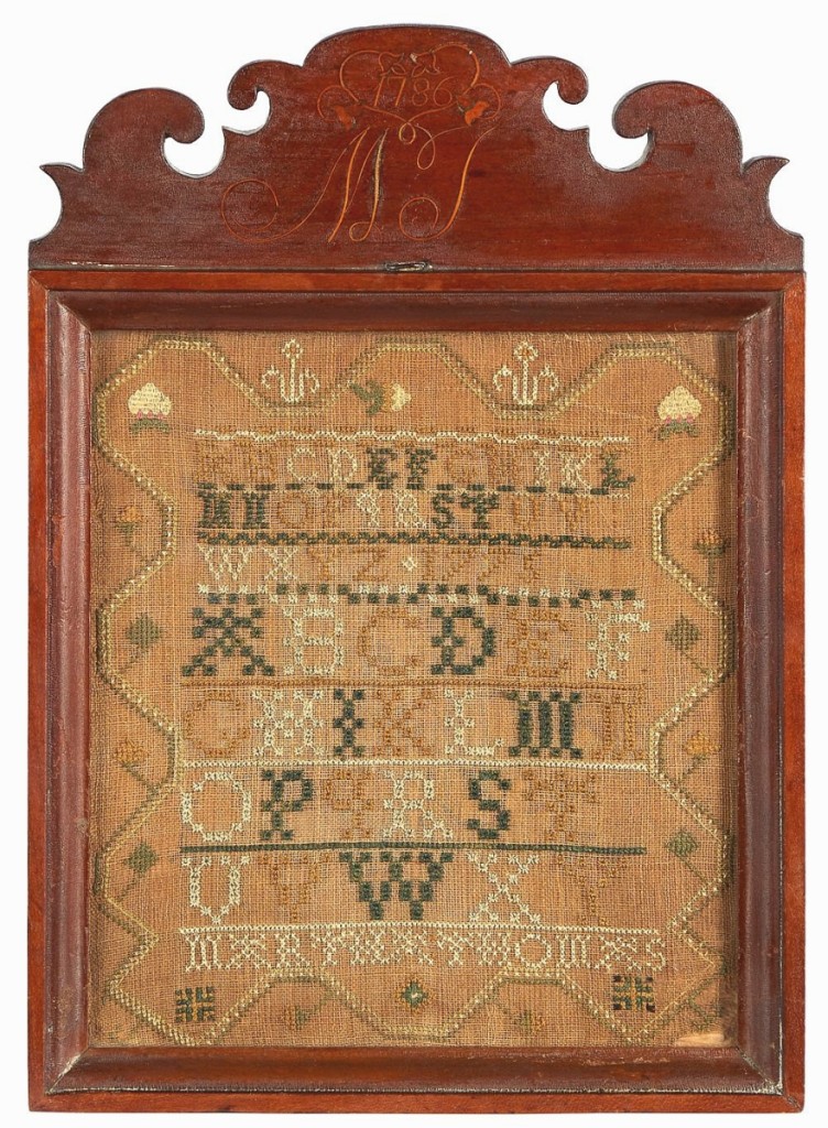 “You are not going to get another chance to get one of these,” James Pook said about the top lot, this Chester County, Penn., sampler wrought in 1775 by Martha Thomas. A private collector on the phone prevailed against bidders in the room and online to take it for $51,240 ($ ,000).