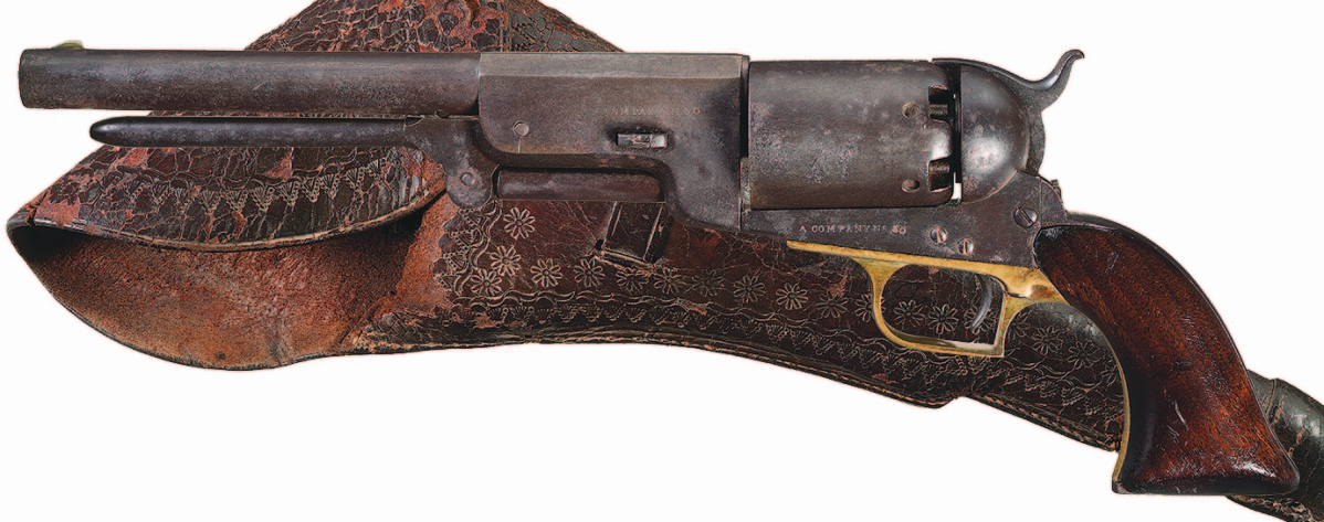 This historic, Texas “National Treasure” — a company No. 50 Colt Walker percussion revolver with holster documented as passed down through multiple generations of the celebrated Darst family of Texas — went out at $431,250.