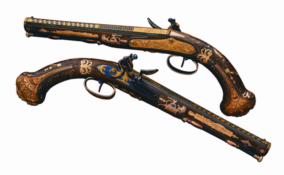 A pair of gold-mounted Nicolas-Noel Boutet French Empire Officer’s flintlock pistols presented to Contre-Amiral Cesar-Joseph Bourayne, Baron de l’Empire, melded high-art and craftsmanship to finish at $575,000.
