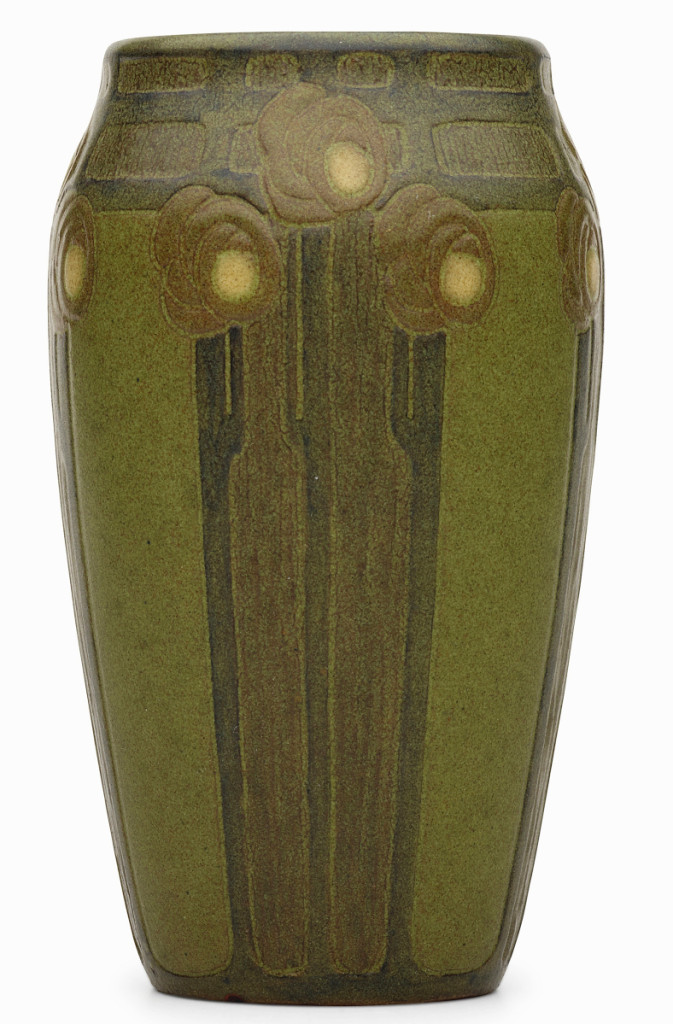 Top lot in the sale was this rare Marblehead vase, circa 1910, selling for $150,000 against an expectation of $25/35,000. Crafted by Arthur Hennessey and Sarah Tutt for Marblehead Pottery, the glazed earthenware piece, 6¾ inches high by 4 inches in diameter, is one of very few known examples of this form, one of which is in the permanent collection of the Newark Museum, Trenton, N.J. Rago said the price was a record for the form.