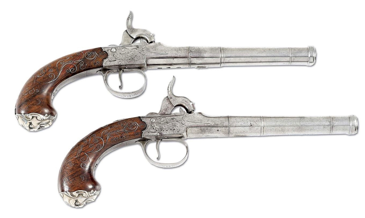 Selling for $60,000 was this pair of silver-mounted pistols, one of only a few associated with George Washington. These were given by Washington to Captain James Chambers, whose family they descended in until 2010.