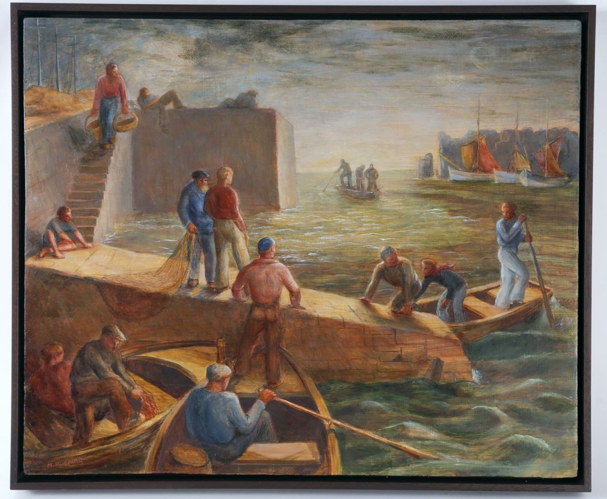 Margaret Hoening French’s top lot was an egg tempera on board titled “Workers At Harbor.” It measures 15¼ by 18½ inches and closed at $24,375 on a $6,000 estimate. Within the sale was the same image in an etching, which closed at a more affordable $250.