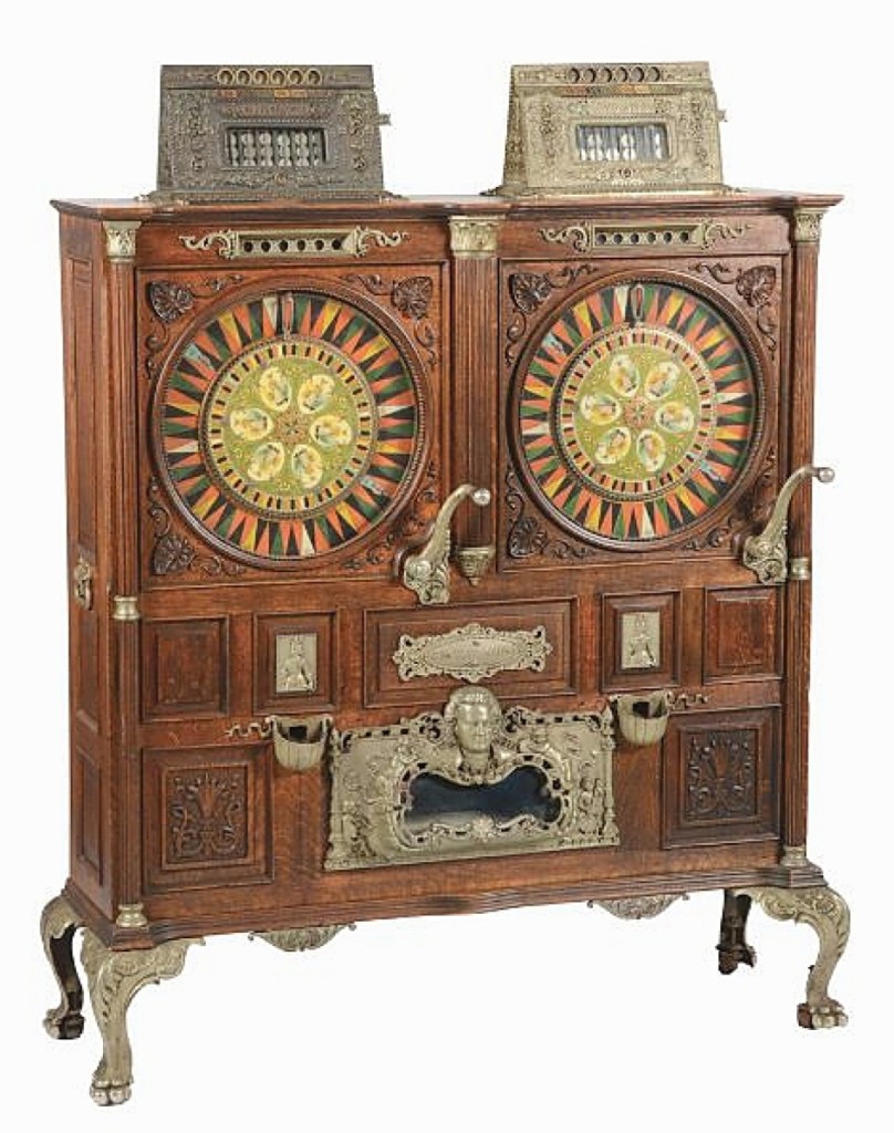 In all original condition, a 25¢ “Two Bits” and 5¢ musical double upright slot machine from the Mills Novelty Company sold for $78,000, the highest result for any slot in the sale. The double slot machine was created to give the operator two machines for one operating license. This piece came from a large collection of slots where the consignor focused on original condition, which is increasingly hard to find as many machines on the market have been restored.