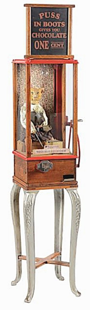 There are only about ten original Puss in Boots fortune tellers by the Roover Brothers extant, according to Tolworthy. The cat is on a clockwork mechanism and dispenses a fortune card. This example sold for $67,650.