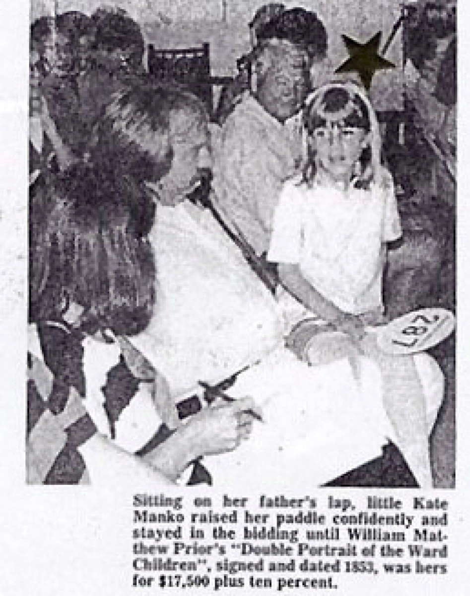 Kate Manko with her parents at a Richard Oliver sale, Kennebunkport, Maine, circa 1988-89, successfully bidding on William Matthew Prior’s “The Ward Children” double portrait, which would eventually find its way into the Nina Fletcher Collection. Maine Antiques Digest photo.