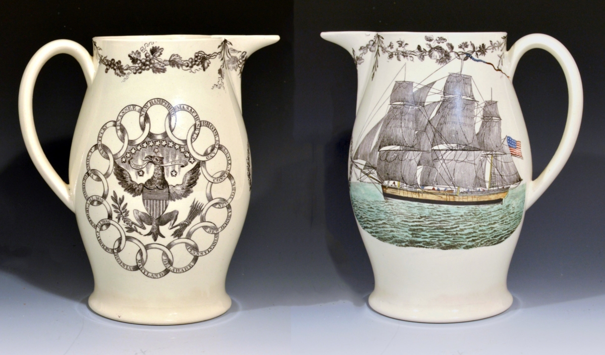 Creamware American-market ship jug with 16 state ring design with eagle on the reverse, probably Herculaneum, Liverpool, England, circa 1800. Earle D. Vandekar of Knightsbridge, Downingtown, Penn.